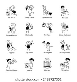 Modern Doodle Icons Depicting Kids Activities 

