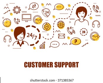 Modern doodle and line art style illustration for Customer Support, Online Call Center or Customer Care Services.Can be used as Web Banner, Online Tutorials, Printed or Promotional Materials.