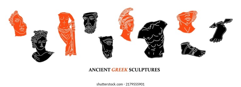 Modern Doodle Linocut Set Of Ancient Greek Sculpture, Vector Illustrations For For Art And Music Event