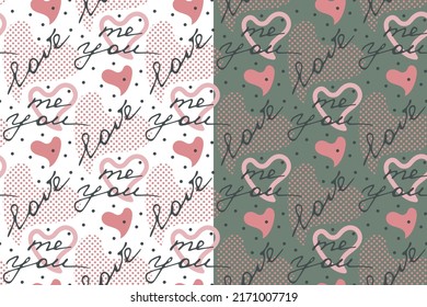 Modern doodle love seamless pattern. Sketch ink brush stroke, hand drawn lettering, grey contour line. Pink heart shape, polka dot ornament. Transparent background. Vector illustration