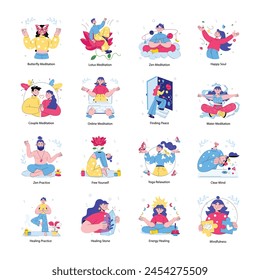 Mini Ilustraciones Modernas De Doodle Que Representan Prácticas Zen 