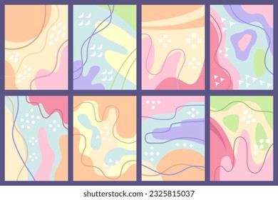 Modern doodle patterns with organic shapes, fluids, and lines. Abstract flat vector backgrounds for your designs. Copy space, empty for text and images.