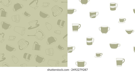 Conjunto de estampado de garabatos moderno. Tazas de té sin patrón. Diseño para los amantes del té verde. Ilustración vectorial. Bueno para la tela, papel de envoltura, textil de cocina.