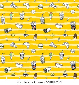 Modern doodle seamless pattern with hand drawn fast food elements