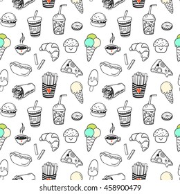 Modern doodle seamless pattern with hand drawn fast food elements