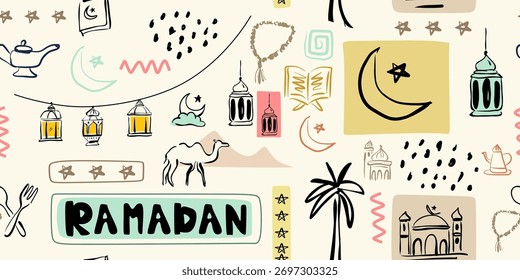Modern Doodle Nahtloses Muster für Ramadan Kareem