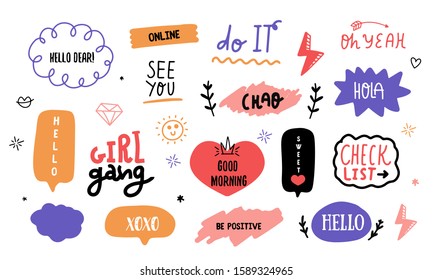 Modern Doodle Social Power Lettering Sticker Pack With Speech Bubbles, Typographic Message Set, Vector Chat Badge