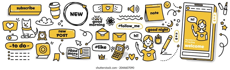 Modern doodle stickers for social media. Vector collection. Cutest patch set. Sketch cute icons in yellow and black colours on white background.