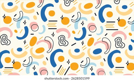 Modern doodle style design with expressive brush shapes in blue, orange, and beige on a neutral backdrop. Dynamic and trendy for creative visuals and digital content.