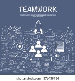 Modern doodle style illustration of Teamwork, Business Start-Up, SEO and Management for Web Banner, Printed or Promotional Materials.