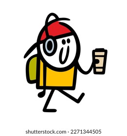 Modern doodle teenager walking with coffee mug and listening to music via headphones. Vector illustration of stick figure cartoon boy going to school.