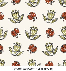Modern Doodle Tulip and Ladybug Seamless Pattern. Hand Drawn Scribble Flower Repeat. Kawaii Dot Blossom Background. For Spring & Summer Textile, Packaging All Over Print. Cute Wallpaper Vector EPS10