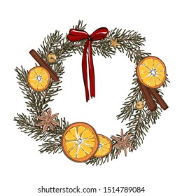 Modern door decoration wreath with dried fruits, cinnamon, star anise, red bow hand-drawn illustration. New Year Eve, Noel winter greeting card, minimal  design.