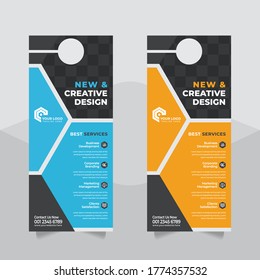 moderno Parodia del colgador de la puerta Plantilla del colgador de la puerta Cooperar el concepto de colgador y volante de la puerta,- Vector, viajero de negocios corporativo, esquema de colores, plantilla de vector