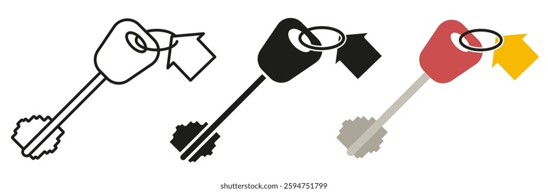 Modern door keys isolated on colored background. House keys with keychain. Illustration of a keychain with a house. EPS 10.