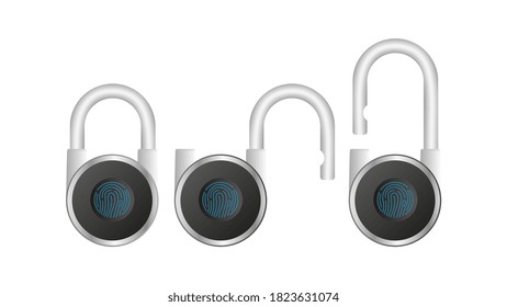 Modern door lock with fingerprint. Fingerprint scanner. Metal padlock. Isolated. Vector.