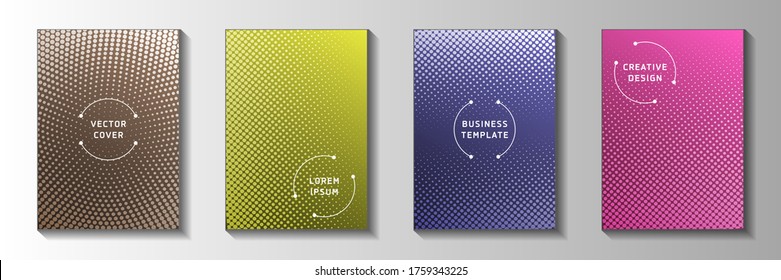 Modern dot faded screen tone title page templates vector set. Geometric poster perforated screen tone backdrops. Retro cartoon comics style front page layouts. Line art design.