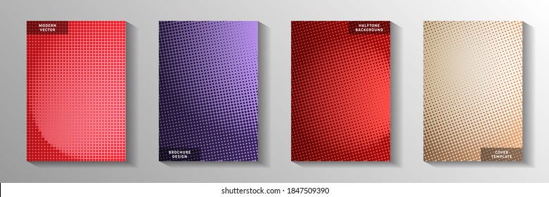 Modern dot faded screen tone title page templates vector batch. Digital journal perforated screen tone backgrounds. Retro manga comics style front page leaflets. Matrix elements.