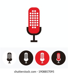 modern dot microphone set for broadcast or podcast icon or logo - red, white, black illustrations set