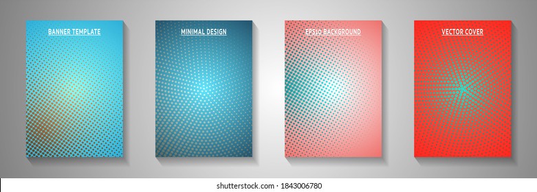 Modern dot perforated halftone cover page templates vector collection. Geometric poster faded halftone backdrops. Retro manga comics style front page leaflets. Line art design.