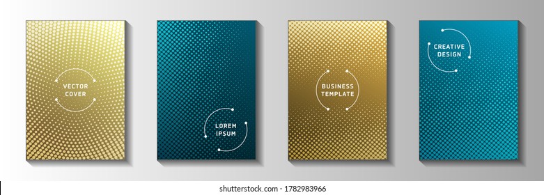 Modern dot perforated halftone front page templates vector set. School brochure faded halftone backgrounds. Vintage cartoon comics style cover page layouts. Linear design.