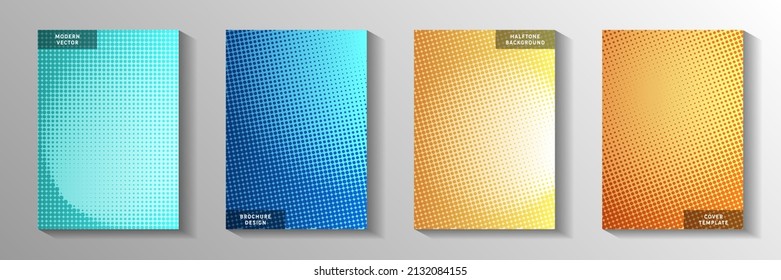 Modern dot perforated halftone front page templates vector batch. Geometric flyer faded halftone backgrounds. Retro manga comics style cover layouts. Matrix elements.