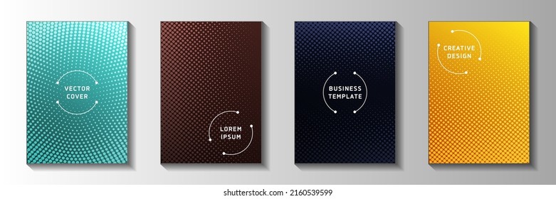 Conjunto de vectores de plantillas de página de media tonalidad perforadas con punto moderno. Banner geométrico desvaneció los patrones de semitono. Folletos de la página de títulos del estilo de las historietas de manga antiguas. Álbumes de Rectangle.