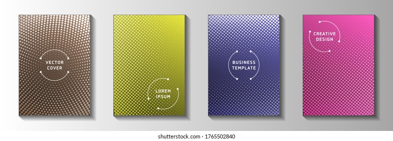 Modern dot screen tone gradation cover page templates vector batch. School banner faded screen tone patterns. Retro manga comics style front page leaflets. Line art design.