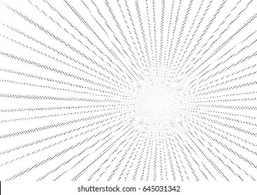Modern dotted distressed old comic book style halftone background. Black particle stylized explosion burst rays over white layout. Easy to apply vintage effect. Vector illustration