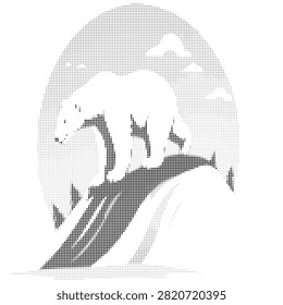Modern dotted illustration of polar bear traversing snowy mountain slope with soft clouds in background peaceful arctic wildlife landscape design concept.