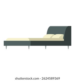 Modern double bed with curved headboard, pillows and blanket resting on short legs, isolated on white background
