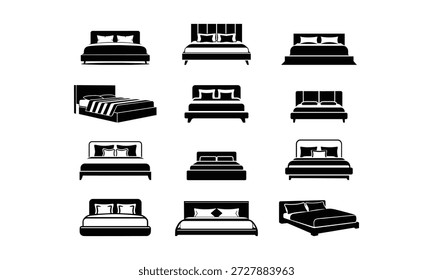 Conjunto de ícones modernos da cama de casal, Silhuetas interiores da mobília minimalista do quarto, vetor preto e branco