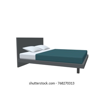 Modern double bed. Isolated on white background. 3d Vector illustration. Side view.