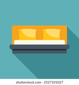 Modern double bed with yellow pillows is standing in a bedroom with a long shadow, depicted in flat style