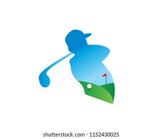 Modern Double Exposure Golf Athlete and Green Field Logo Illustration In Isolated White Background