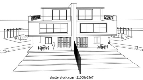 moderne Doppelhausarchitektur 3D-Darstellung