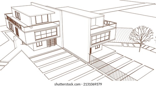 moderne Doppelhausarchitektur 3D-Darstellung
