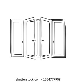 Modern double pvc sash on light inside wall backdrop. window , vector sketch illustration