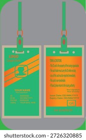 Maqueta moderna de tarjeta de identificación de doble cara con cordón verde, que muestra las vistas frontal y posterior de una insignia de identidad. Diseño limpio y profesional adecuado para oficinas corporativas, empresas, escuelas, colegios, hospitales, eventos, conferencias, exposiciones y fines de seguridad. Esta Plantilla de tarjeta de identidad se puede utilizar para la Identificación del empleado, el acceso del personal, tarjetas de estudiante, tarjetas de visitante y tarjetas de membresía. Ideal para presentaciones de marca, diseño de impresión y maquetas de papelería. Ilustración vectorial de alta calidad aislada en el fondo, perfecta para la identidad empresarial, la marca corporativa y el uso profesional.