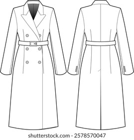 Modern Double-Breasted Maxi Coat Technical Fashion Drawing: Front and Back View, Belted Details with Square Hardware, Peaked Lapel, Deep V-Neck, Straight Silhouette