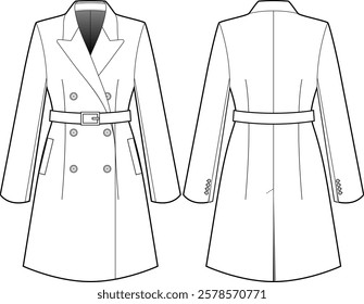 Modern Double-Breasted Mid length Coat Technical Fashion Drawing: Front and Back View, Belted Details with Square Hardware, Peaked Lapel