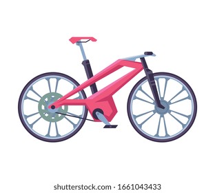 Modern Downhill City Bicycle, Ecological Sport Transport, Pink Bike Side View Flat Vector Illustration