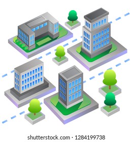 Modern downtown isometric 3D set. Apartment, buildings vector illustration.