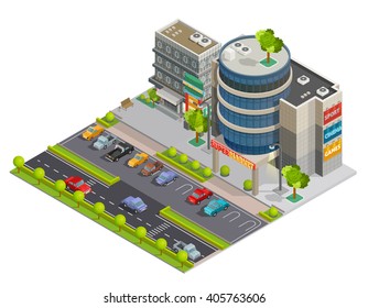 Modern downtown shopping center mall in business district street view with parking lot isometric composition illustration vector