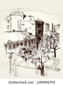 Modern downtown square place with high edifice on white sky backdrop. Summer scenic view. Freehand outline black ink hand drawn picture sketchy in art retro scribble style pen on paper space for text
