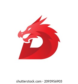 Modern dragon and letter D logo design. Dragon head and D letter vector icon with gradient coloring style
