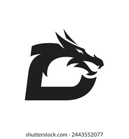 Diseño moderno del logotipo del dragón y de la letra D. Icono de vector de cabeza de dragón y letra D en color blanco y negro