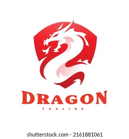 Modern dragon serpent and shield logo design. Dragon mascot emblem vector icon