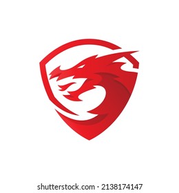 Modern Dragon Shield Emblem Crest Logo Design. Dragon Head And Shield Vector Icon With Gradient Color Style