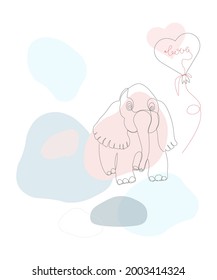Moderne Zeichnung mit durchgängiger Kunst der Silhouette eines süßen Elefanten mit Herzballon und der Inschrift Liebe. Vektorgrafik auf abstraktem Hintergrund